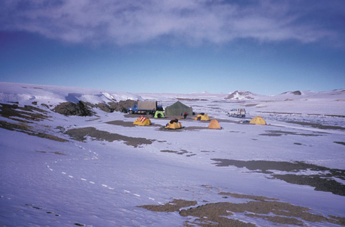 Our night camp in the spacious northern Chang Tang. In our west to east traverse, we did not encounter any people in 1000 miles: of cross-country driving. Photograph from Tibet Wild by George B. Schaller. Reproduced by permission of Island Press.